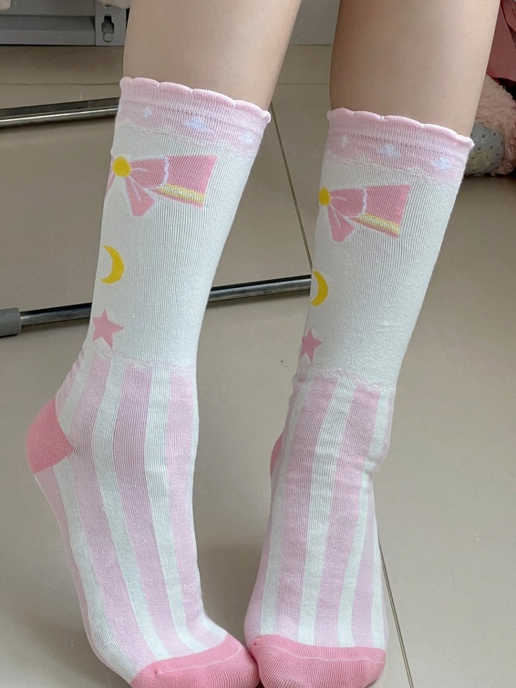 Pink Sweet Lolita Bowknot Star Moon Striped Pattern Calf Socks