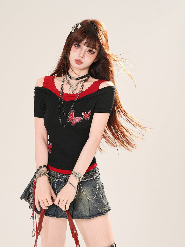 ブルー/レッドのバタフライアップリケフェイクツーピースTシャツ