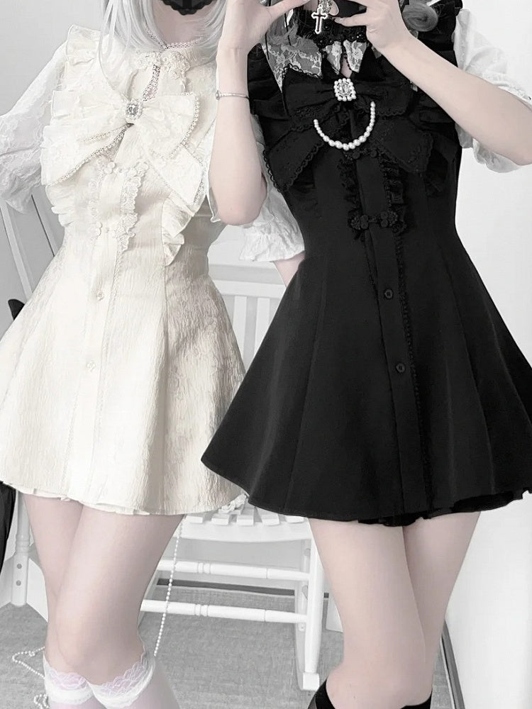 Keiセット - チャイナドレス（襟付き袖付き）+ショートパンツ+リボン（黒）Y2Kジライショートタイ+ヘアクリップ