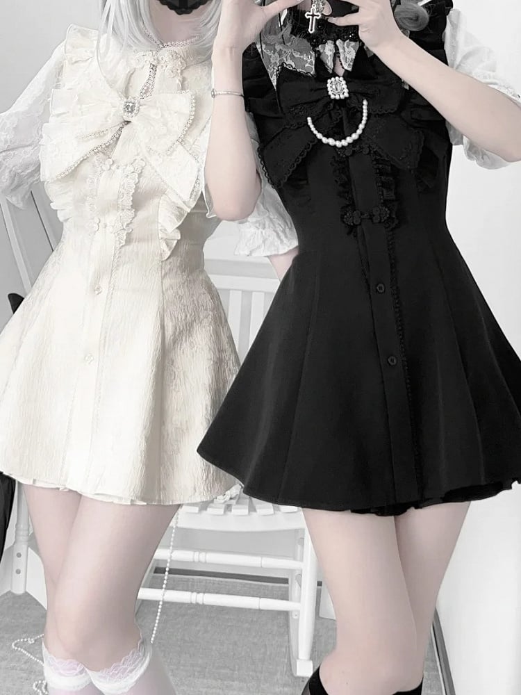 ネクタイ + ヘアクリップ Y2K 袖ドレス + ショートパンツ + 蝶ネクタイ セット - チャイナ ドレス襟ショート ホワイト ジライ