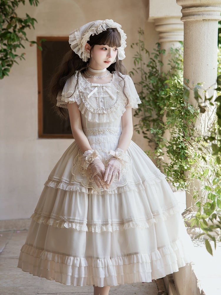 Beige Dots Tulle Flutter Sleeve Lolita Dress - Green Castle