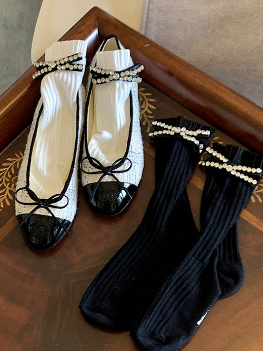 Black/Milk White Rhinestone Bowknot Calf Socks