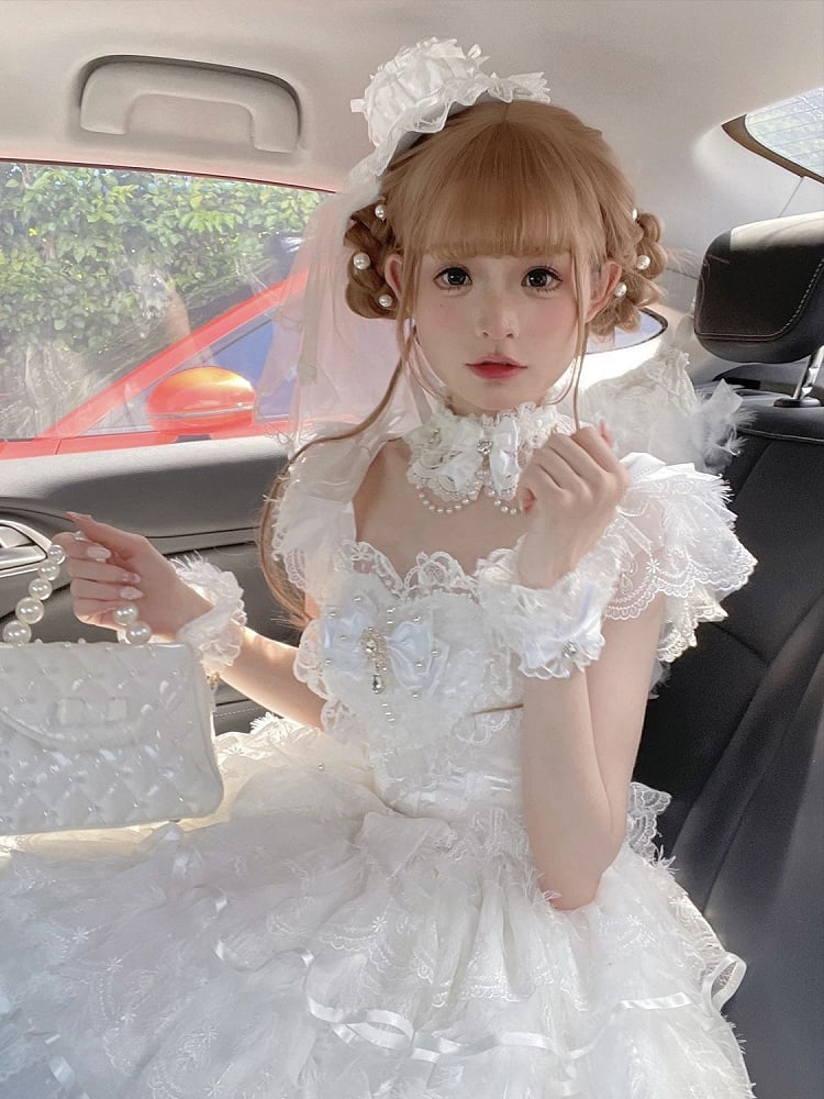 Hanayome Stufenkleid Butterfly Hime Weiß Mieder Stoff Lolita Rock Engel