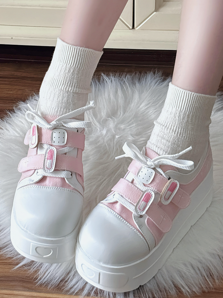 Pink Yami Kawaii Platform Sneakers with Lace-Up & Velcro Straps - Night Sakura Water Lantern