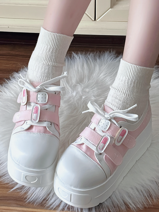 Pink Yami Kawaii Platform Sneakers with Lace-Up & Velcro Straps - Night Sakura Water Lantern
