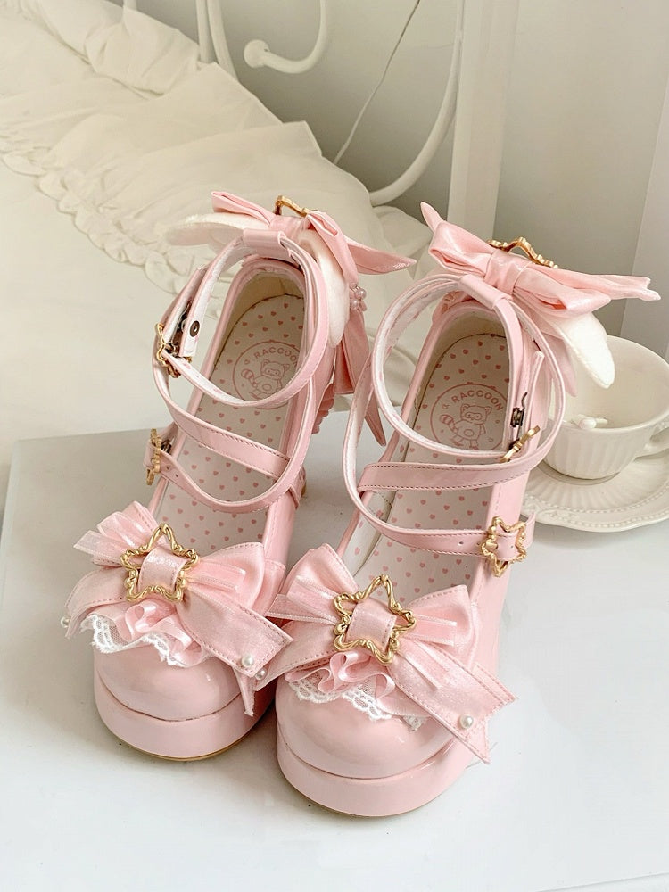Pink Sweet Lolita High Heels 11cm with Heart Bowknot and Star Buckle Accents - Raccoon toast