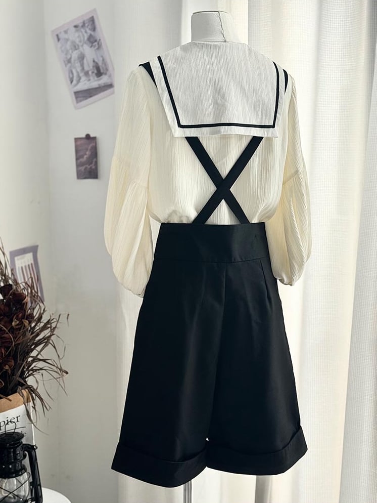 Ouji mit Aprikosen-Langshorts, gerades Bein, modische Schulter + Kragen, Lolita-Outfit-Träger, Matrosenärmel-Shirt – Schwarz