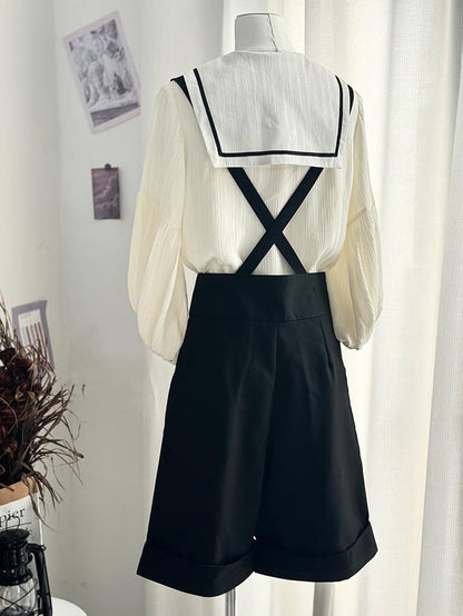 Ouji mit Aprikosen-Langshorts, gerades Bein, modische Schulter + Kragen, Lolita-Outfit-Träger, Matrosenärmel-Shirt – Schwarz