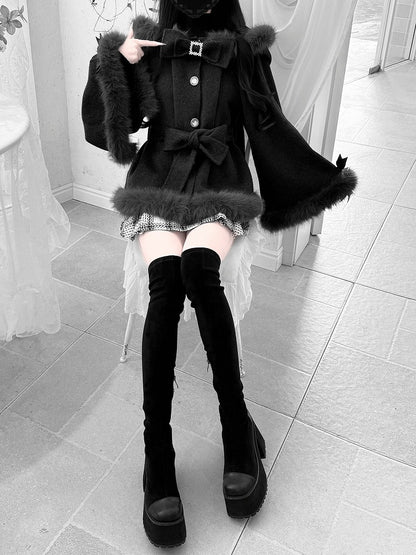 Clean & Innocent Black Jirai Kei Wool Cape Coat - Detachable Bunny Ears & Plush Edge Detailing
