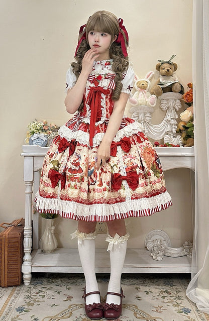 赤とイチゴのプリントドレススカートスイートロリータジャンパーバニー