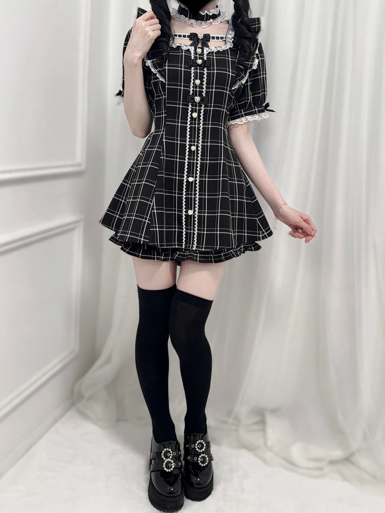 Weißes Choker-Set, schwarzes Jirai – Minikleid mit Flatterärmeln und Schleife am Rücken zum Selbstbinden + Shorts + und Kei-Plaid