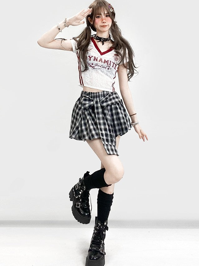 Design Y2K BlackWhite Plaid Glamorous Skirt Lace-up Pattern Bubble