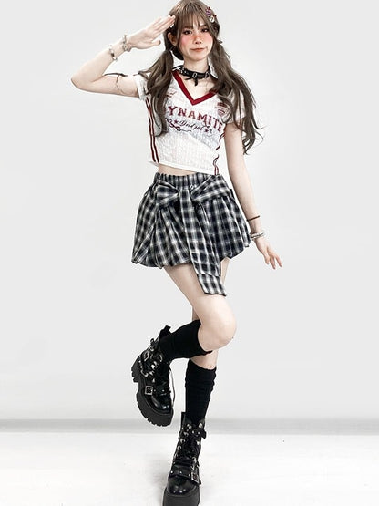 Print Glamorous WhiteRed Letter Lace V-neck T-shirt Y2K