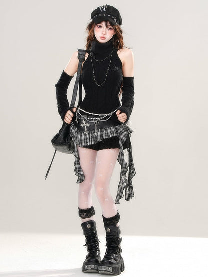 Black Turtle Neck Sleeveless Slim-fit Sweater with Detachable Sleeves