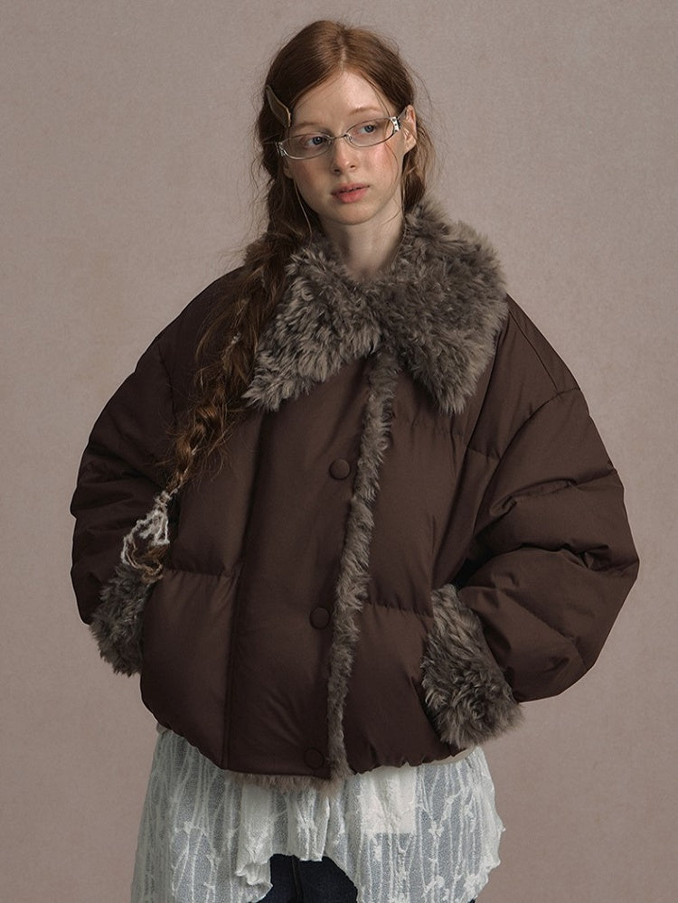 Beige/Brown Short Puffer Jacket with Faux Fur Trim and White Duck Down Filling
