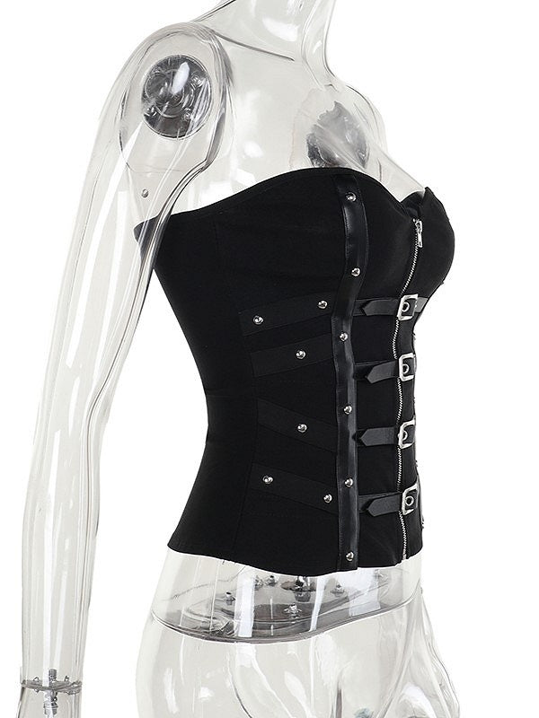 Straps Cyberpunk with Gothic Fishbone Halloween Zipper Bustier Buckle Vertical Black Adjustable