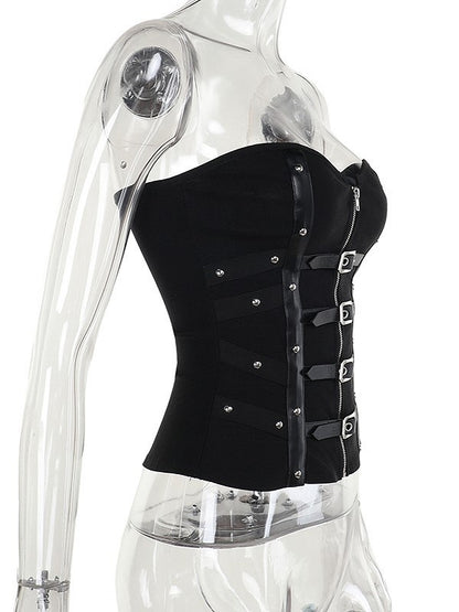 Straps Cyberpunk with Gothic Fishbone Halloween Zipper Bustier Buckle Vertical Black Adjustable