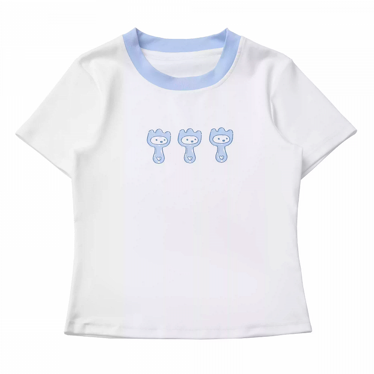Round Neck Cute Cartoon Print T-Shirt Contrast Trim White Blue