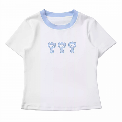 Round Neck Cute Cartoon Print T-Shirt Contrast Trim White Blue