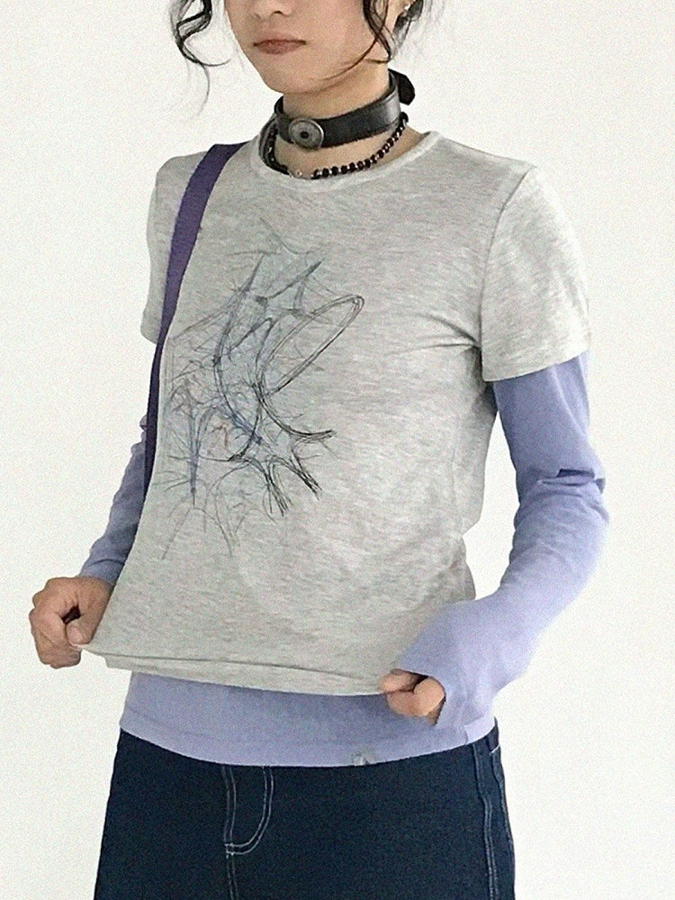 Pattern Version Graffiti Sleeve Gray Neck Round Tee Short in