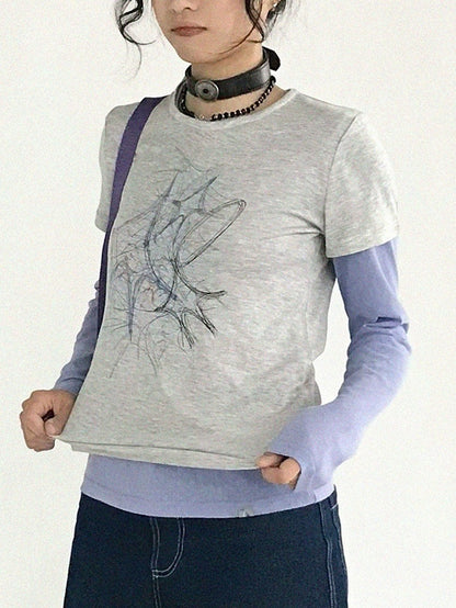 Pattern Version Graffiti Sleeve Gray Neck Round Tee Short in