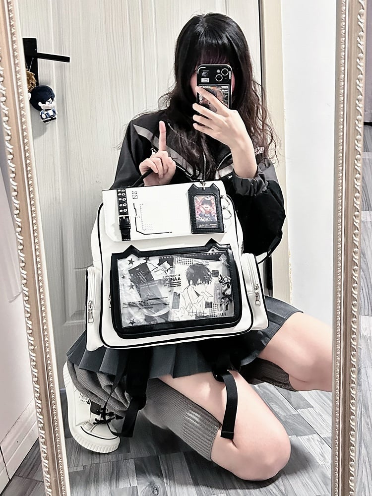 Kitty Backpack with Ita Charm Design PU Ear Card Holder Cute White
