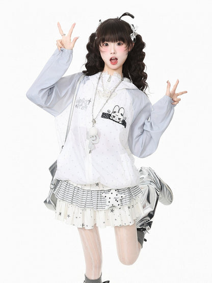 Charming White Rabbit-Ear Hooded UV Coat with Dotted Print