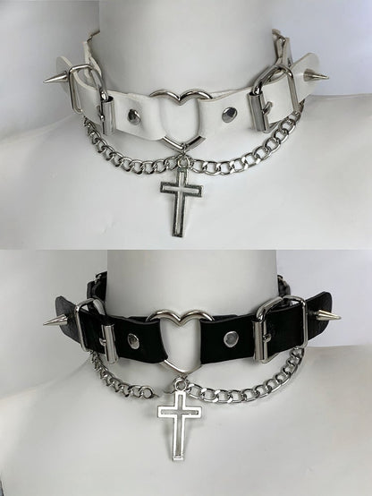 Schnallen Nieten Choker Kreuz Anhänger Schwarz/Weiß Punk Details Design