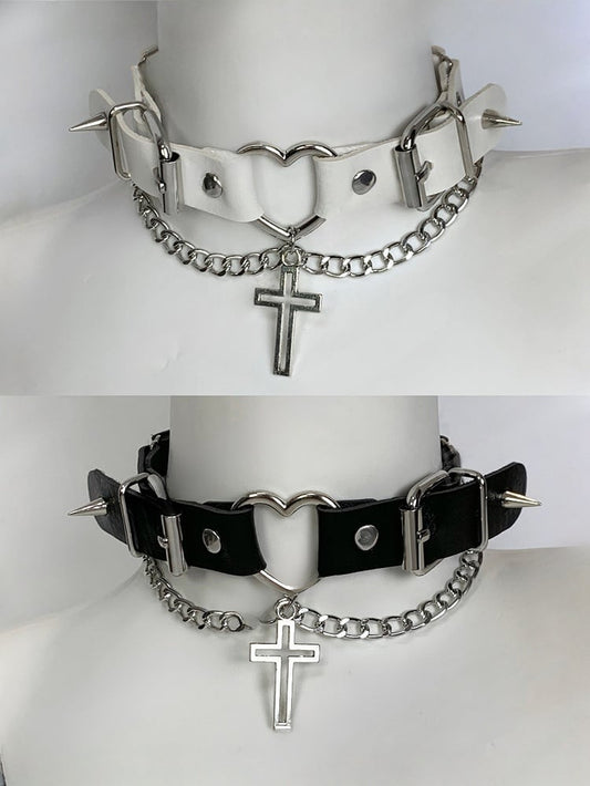 Buckles Studs Choker Cross Pendant Black/White Punk Details Design