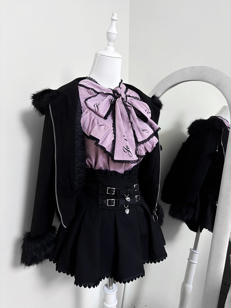 Hooded Fur Kei Warm and with Padded Short Collar Bunny Ear Jirai Black Jacket Cuffs
