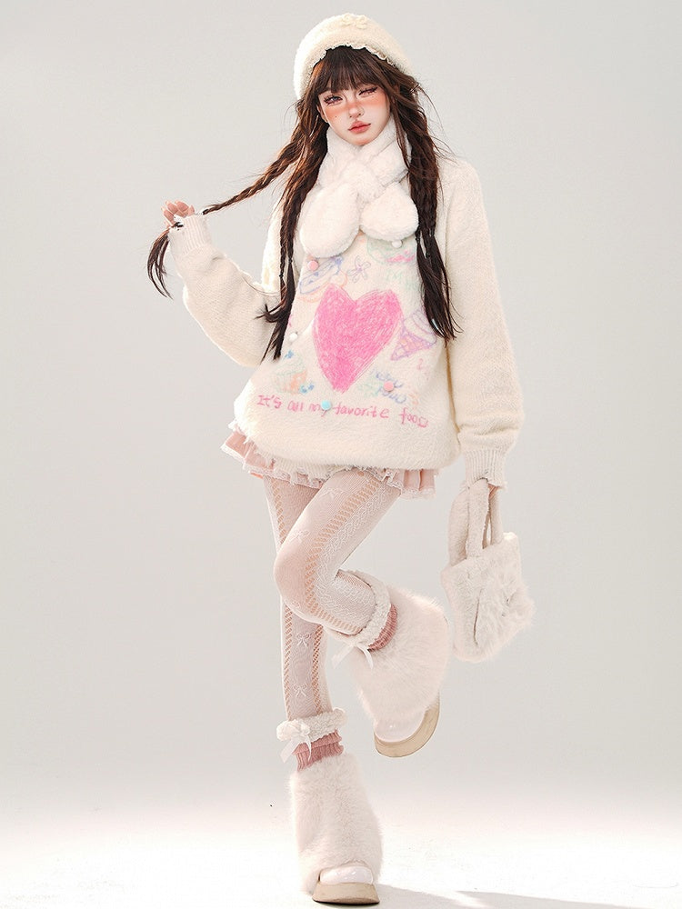 White Heart Pompom Details Round Neck Soft Sweater
