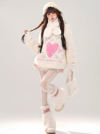 White Heart Pompom Details Round Neck Soft Sweater