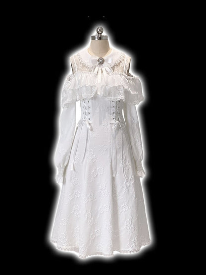 Dress Version Jirai Kei Cutout Shoulder Lace Long Bow Decor Long-Sleeve White Rhinestone