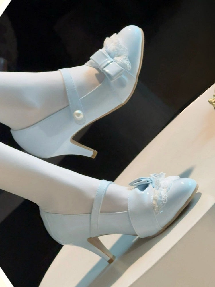 Lolita Style Sweet - with PU Lace Detachable Blue Heels Trim Leather