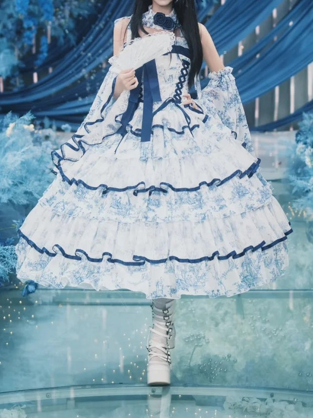 Dress Porcelain-Inspired 120CM-Length Blue Princess White Hanayome-Style Elegant Lolita