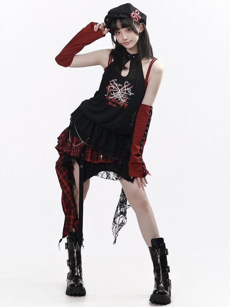Asymmetrical Red Black Plaid Skirt Chain Decoration - PINK SAVIOR