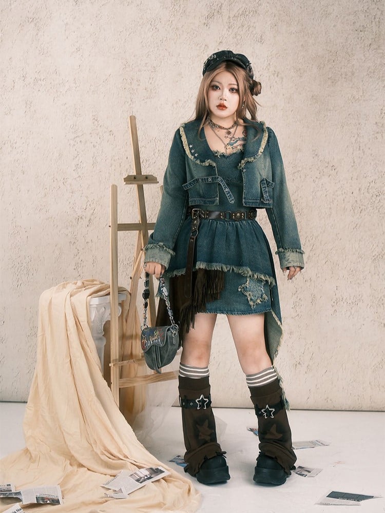 Asymmetrical Hem Gray-Blue Star Slip Y2K Denim Layered Size Dress with Plus Patch Distressed