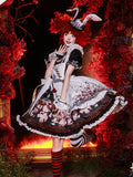 Sweet Lolita Apron Dress OP Full Set with Bunny & Teapot Print in Black and Red - Ying Luo Fu