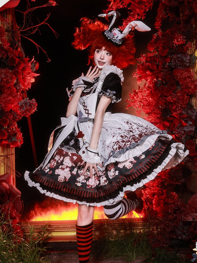 Sweet Lolita Apron Dress OP Full Set with Bunny & Teapot Print in Black and Red - Ying Luo Fu