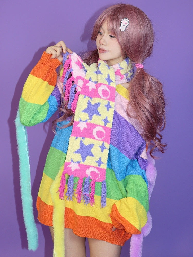 Y2K Pattern And Colorful Star Moon Striped Scarf