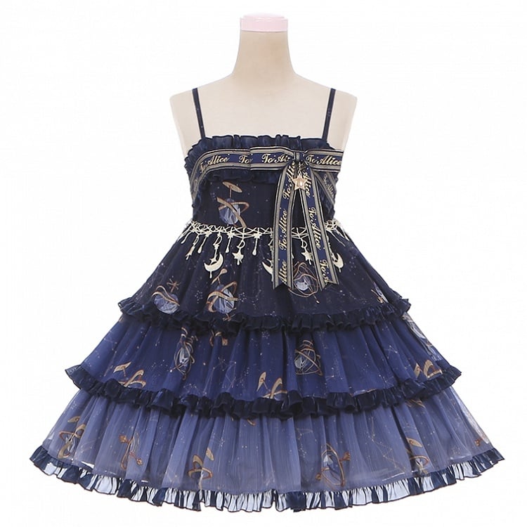 ネイビーブルーの天球儀と星空エンパイアウエストのロリータジャンパースカート