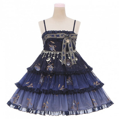 ネイビーブルーの天球儀と星空エンパイアウエストのロリータジャンパースカート