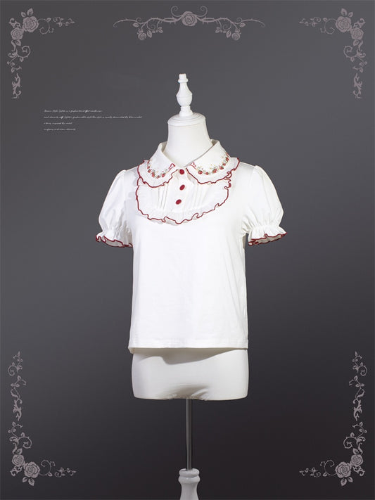 赤いトリムと白いコントラストのロリータピーターパンカラーのパフスリーブのスイートブラウス