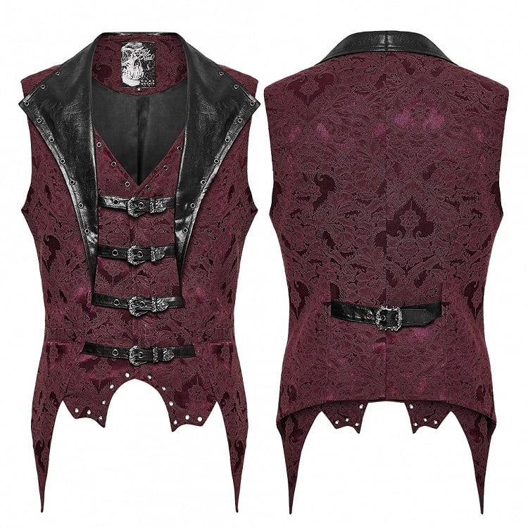 Lapel Jacquard Black Red Gothic Vest Men's