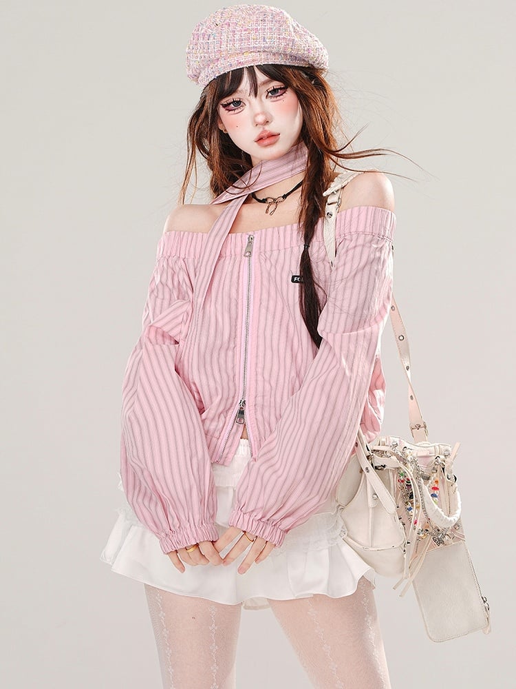 Pink/Blue Off-the-shoulder Neckline Striped Zip Closure Top with Free Scarf