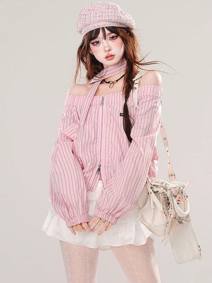 Pink/Blue Off-the-shoulder Neckline Striped Zip Closure Top with Free Scarf