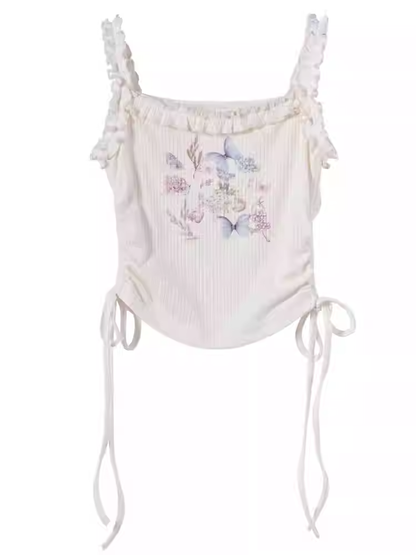 White Ruffled Waist Tank Top Square Neckline Butterfly Print Drawstring