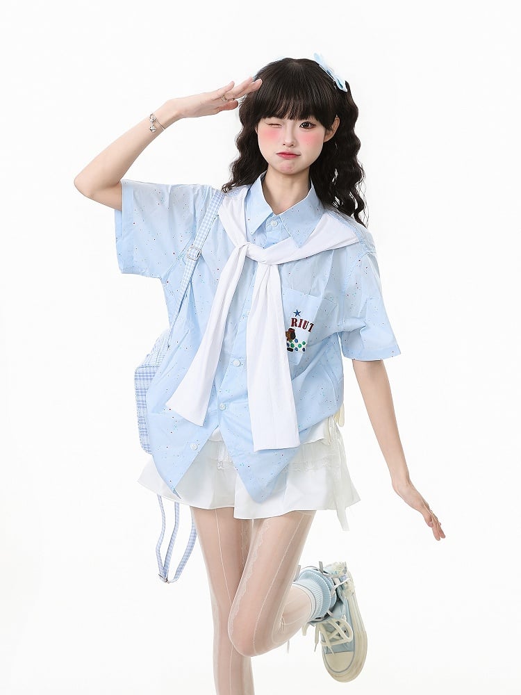 Kurz-/Langarmhemd mit verzierten blauen Kunstärmeln und entzückender Hundestickerei