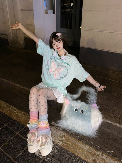 and Lettering Print Butterfly Green T-Shirt with Soft-Textured Oversized Mint Embroidery