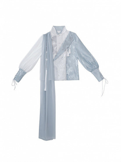 Hanfu Outfit Shirt & Mamian Skirt Set with Bamboo Dragon Print & Waist Chain - Han Ru Chu Hanfu &amp; Han-Element Studi